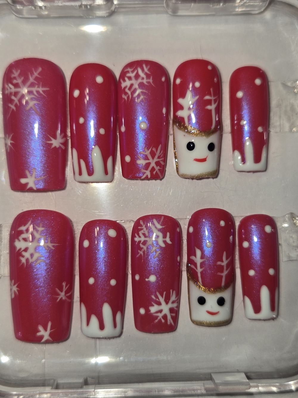 Hand Crafted Pink Snowflake & Snowman Press-On Nails